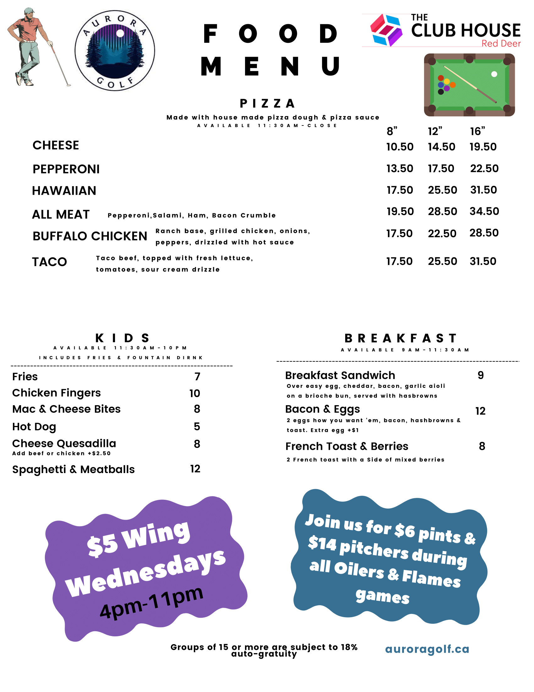 The Clubhouse Drink Menu - Page 2: Features draft beers, cocktails, and wine list